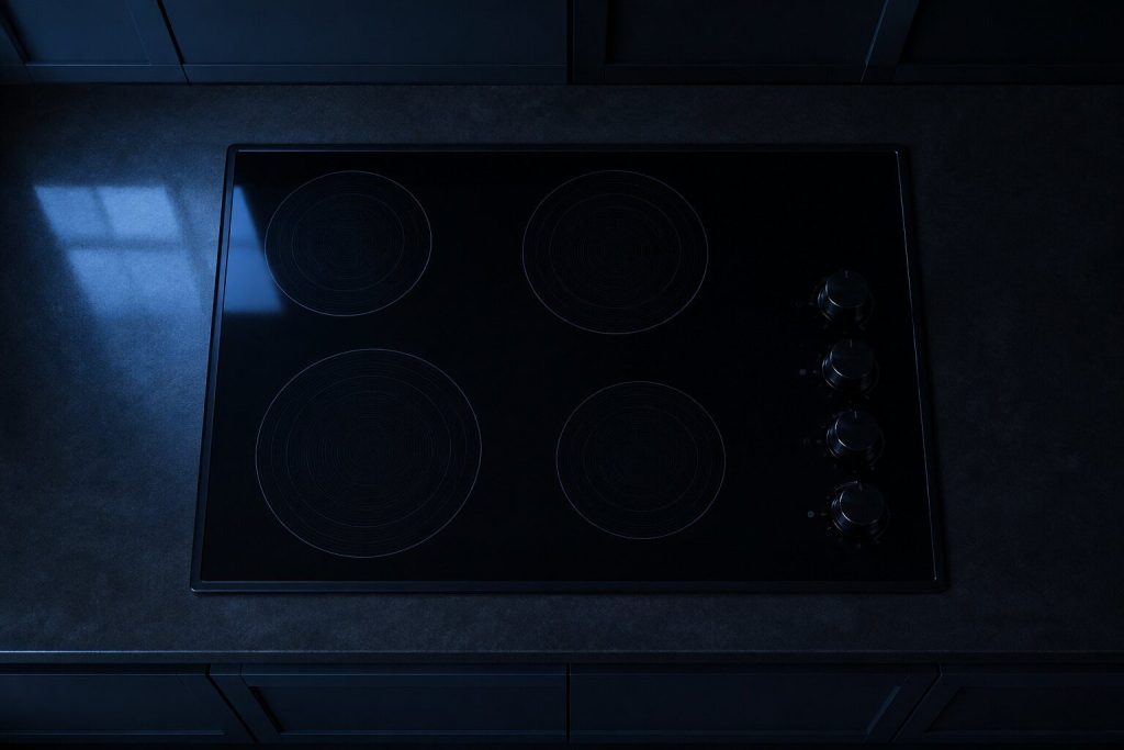 A 30-inch black ceramic cooktop dropped into a dark counter, seen from above, four radiant coil zones faintly outlined beneath the glass and knobs at one side.