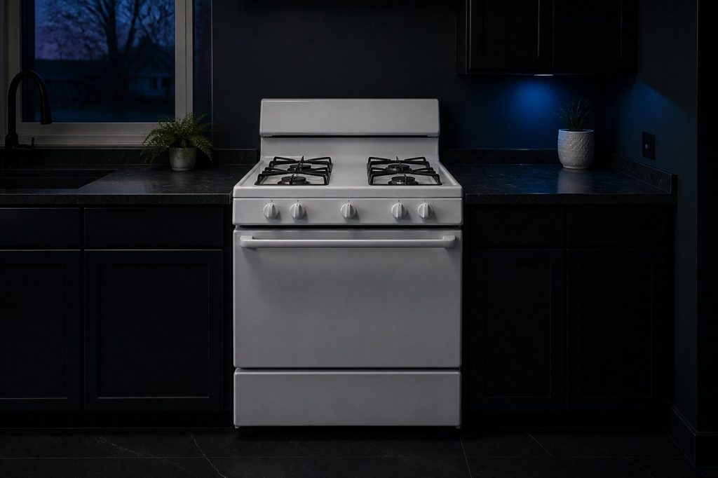 A white freestanding gas range between laminate base cabinets, four sealed burners under thin steel grates on a porcelain top, back console plain.