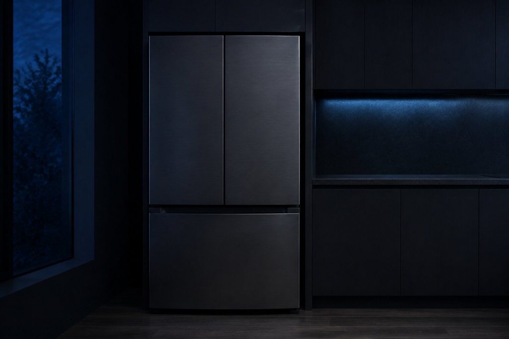A French door refrigerator with two narrow doors above and one wide freezer drawer below, all closed, standing flush at the end of a dark cabinet run.