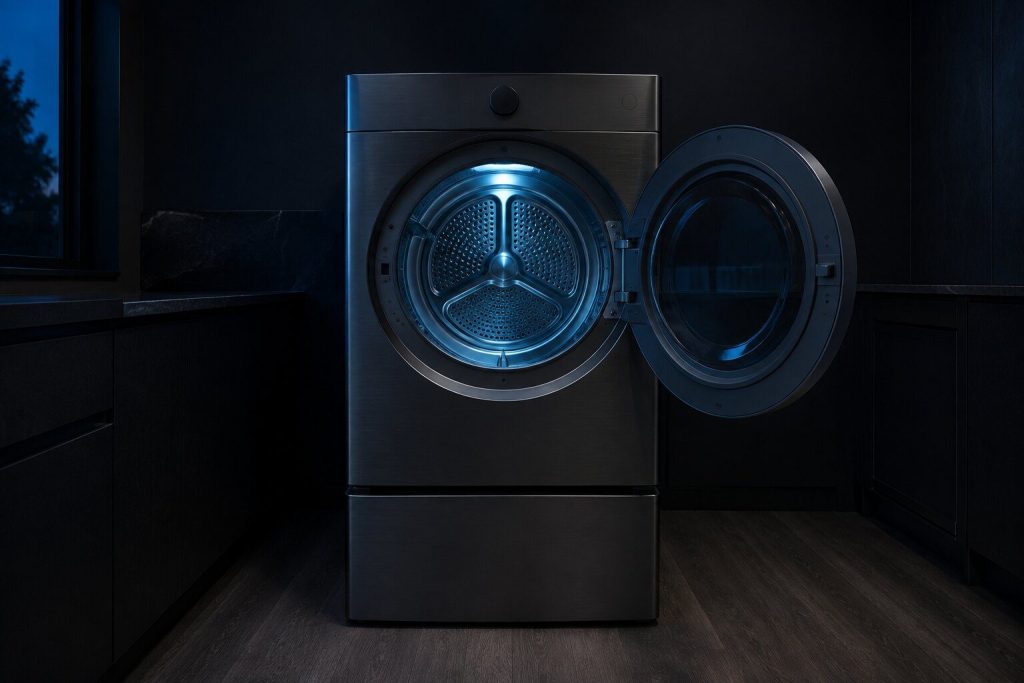 A brushed dark-metal front-load dryer with its door swung fully open on an empty drum, standing on a plain pedestal in a dim laundry room.