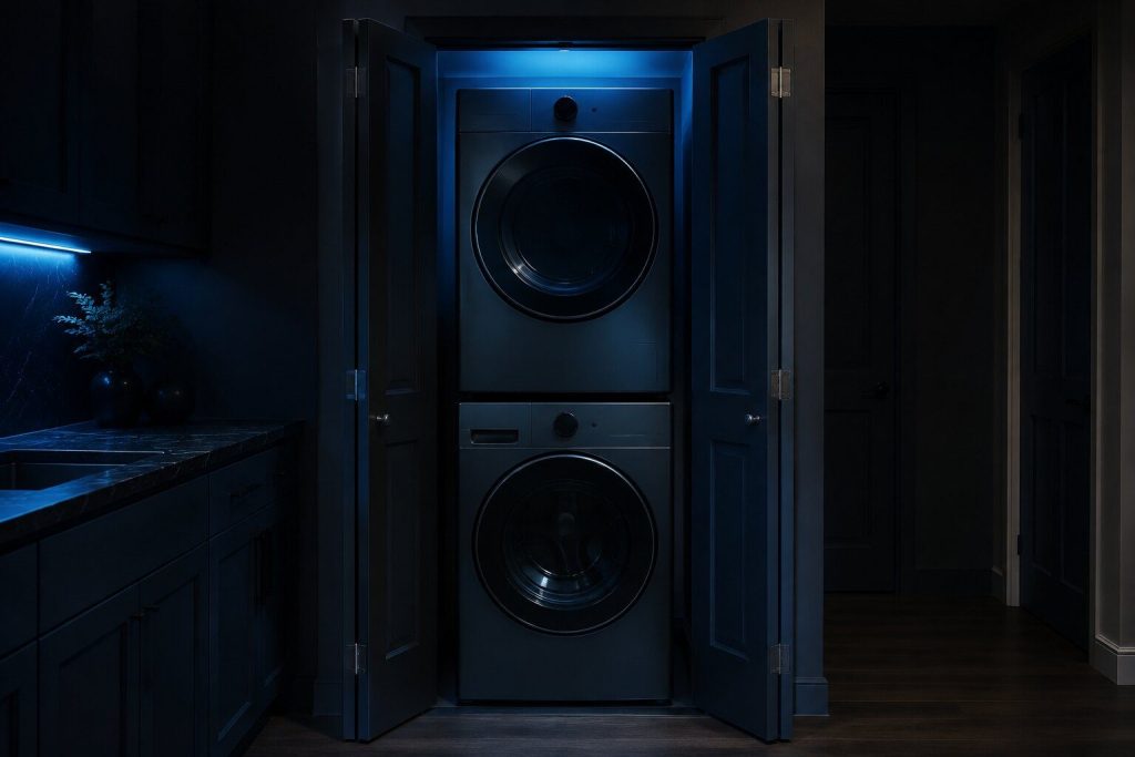 A front-load washer and dryer stacked one above the other in a narrow laundry closet behind open bifold doors, both doors closed.
