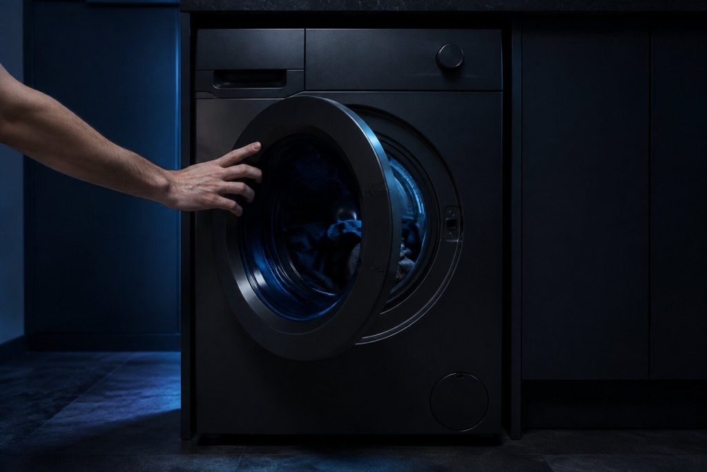 A hand pushing the door of a front-load washing machine the last few inches shut on a loaded drum, the load just visible in the closing gap.