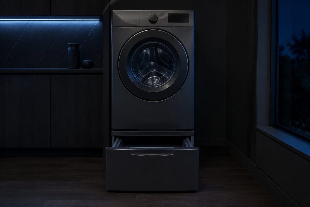 A front-load washing machine standing on a matching pedestal whose storage drawer is pulled open beneath it, the machine's own door closed.