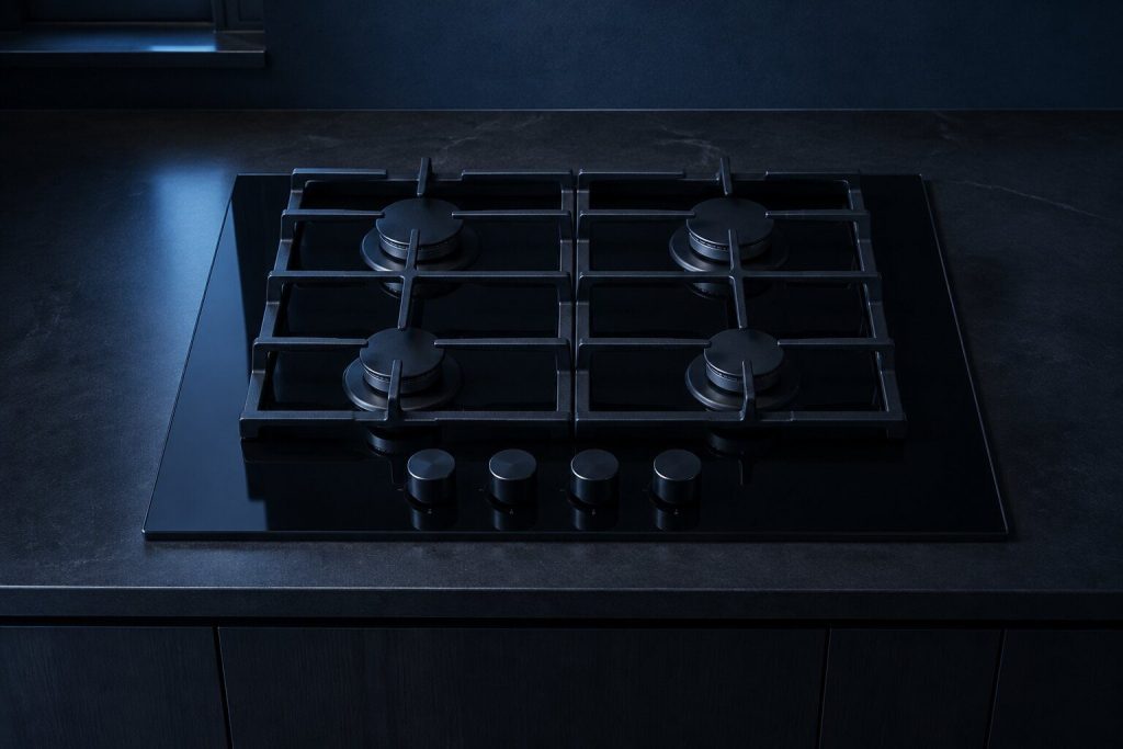 A 30-inch gas cooktop dropped into a dark counter, four sealed burners under cast grates on one sheet of black glass, seen from above and slightly to the side.
