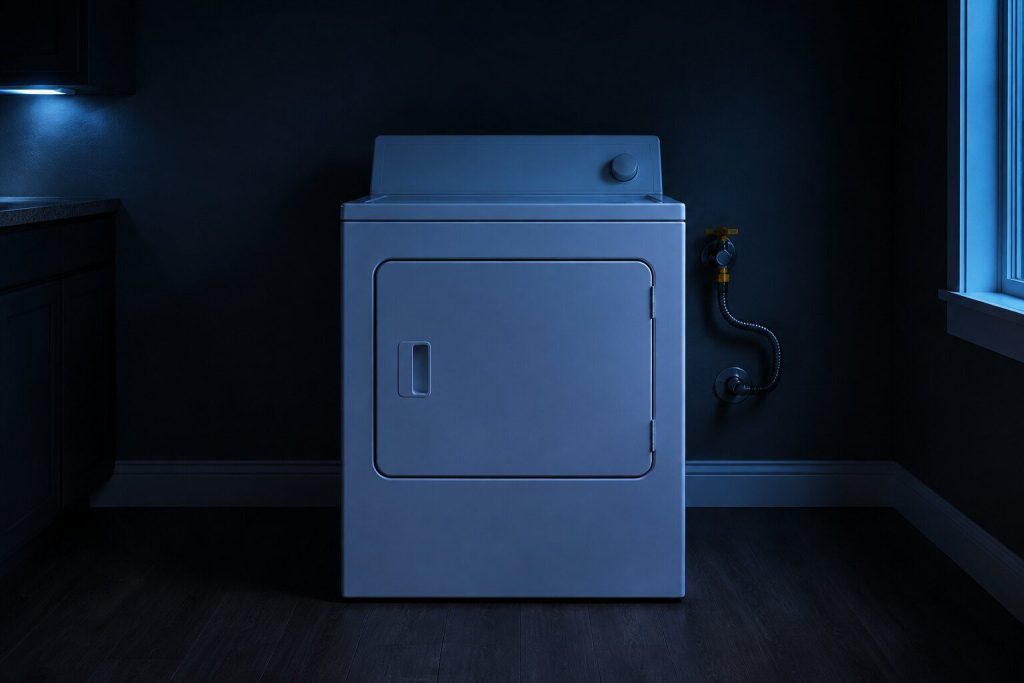 A gas dryer standing alone in a dim laundry room, door closed, with the yellow shut-off valve and its flexible connector visible on the wall behind the cabinet.