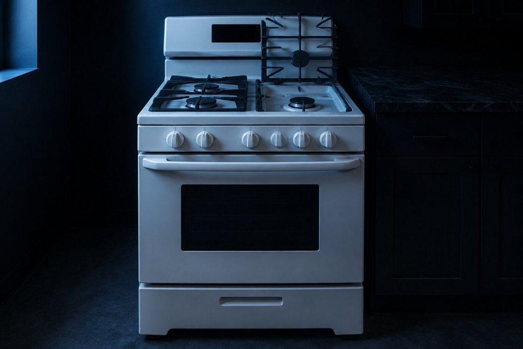 A white freestanding gas range with one heavy cast grate hinged upward on its pivot to show the sealed burner and its cap beneath.