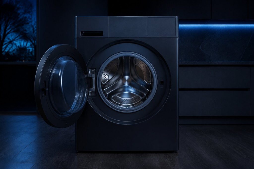 A large-capacity front-load washing machine with its door swung fully open on an empty stainless drum and a grey rubber boot, seen straight on.