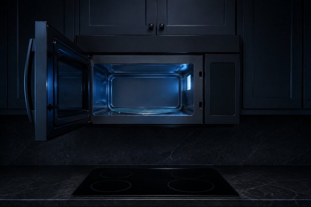 A large over-the-range microwave above an empty cooktop with its door swung open on a clean cavity and a glass turntable, the cavity lamp the only light.