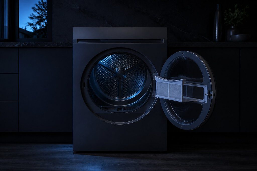 A lint screen drawn halfway out of its slot in the rim of an open dryer door, the mesh clean and the empty slot beside it.