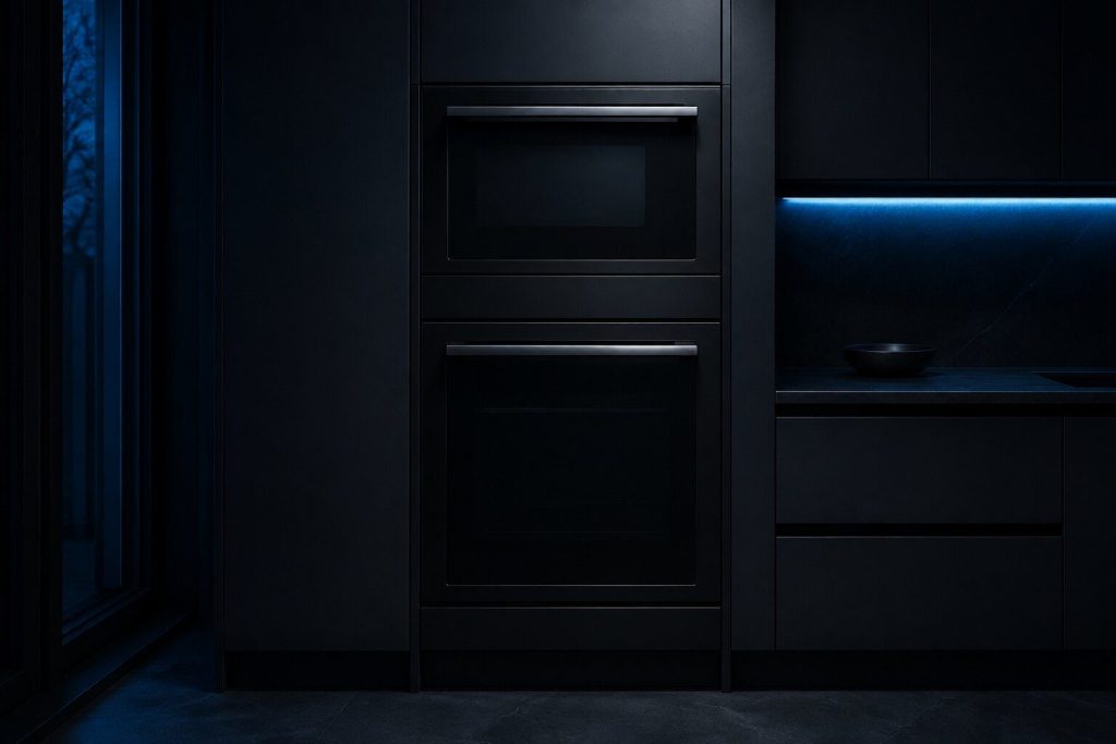 A built-in microwave set directly above a single wall oven in one tall column of near-black cabinetry, both doors closed, two plain handles.