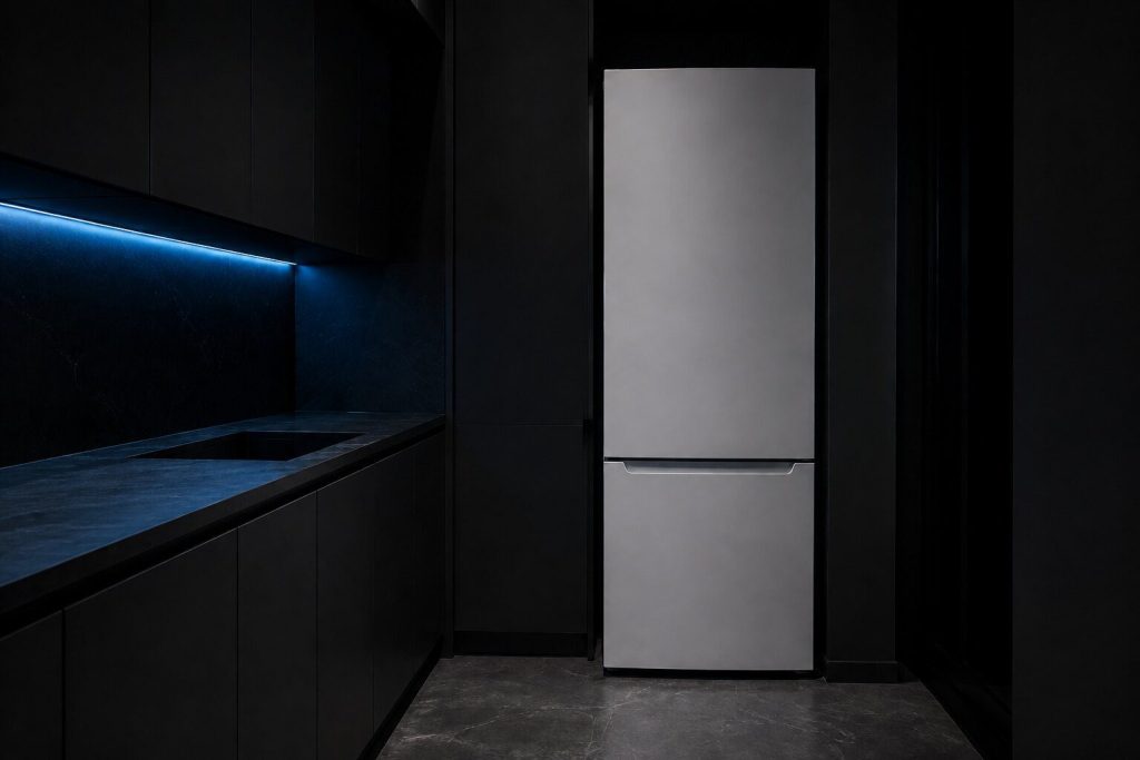 A narrow white bottom-mount refrigerator standing at the end of a galley run of dark cabinets, one tall door above a drawer, both closed.