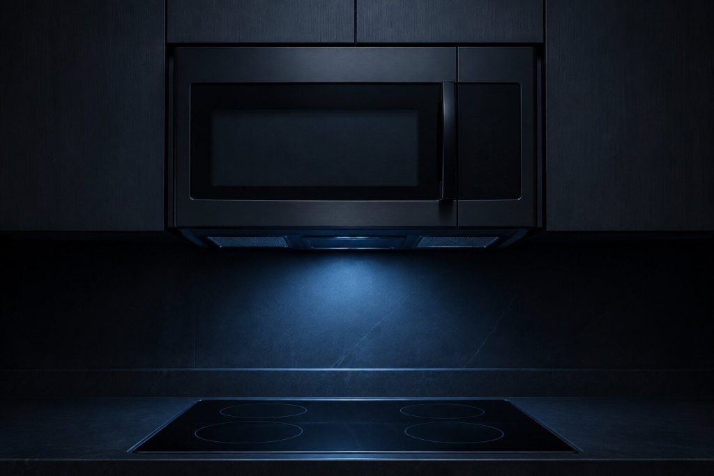 A small over-the-range microwave mounted under a wall cabinet above an empty cooktop, its door closed and its underside vent grille visible from below.