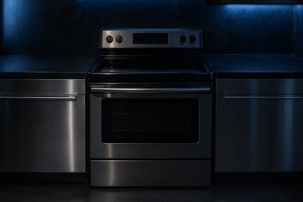 A plain freestanding electric range standing between two stainless base units, smooth black top empty, oven door closed, back console low and unmarked.
