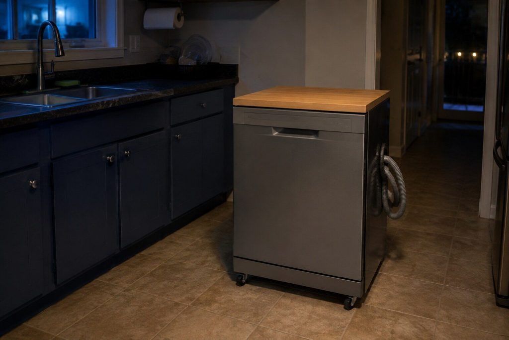 A portable dishwasher standing clear of all cabinetry on four castors beside a kitchen sink