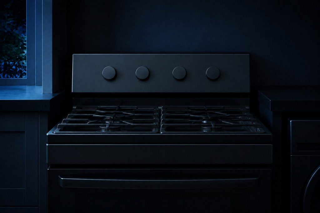 The raised back console of a freestanding gas range seen close and square on, four plain unmarked knobs in a row across it, the cast grates below out of focus.