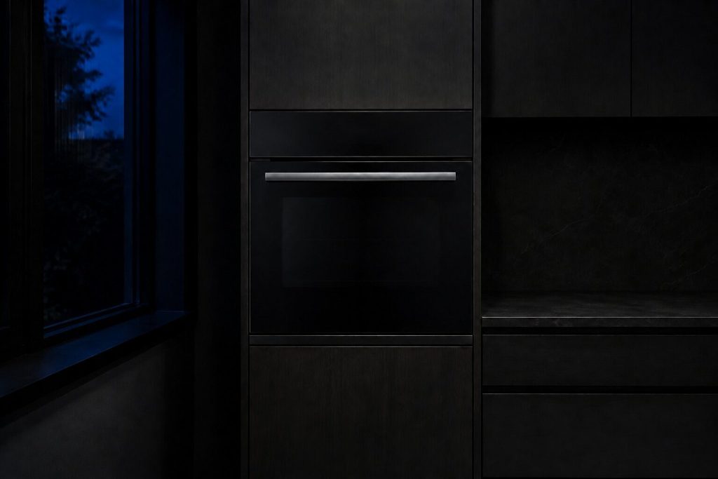 A single built-in wall oven set into a narrow cabinet housing at chest height, door closed, one long plain handle across it.