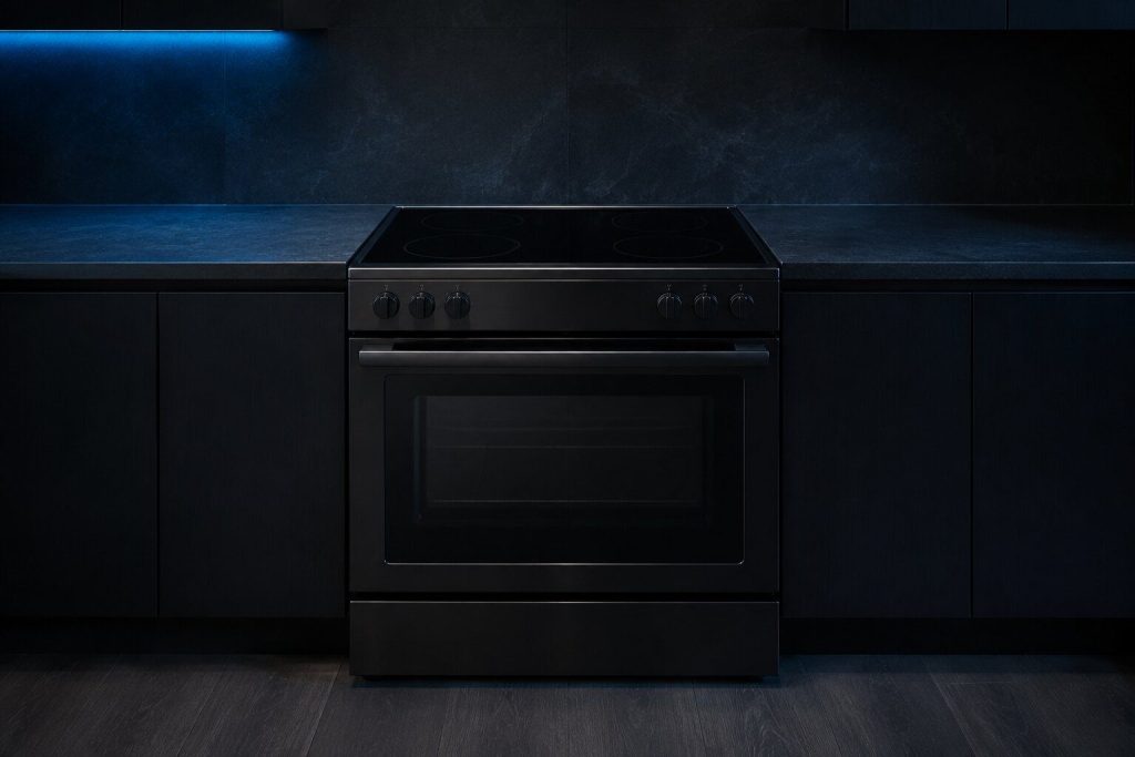 A slide-in electric range set flush between two runs of dark counter, its smooth black top empty, no back console, controls along the front edge.