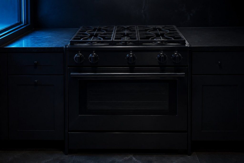 A slide-in gas range set between two runs of dark counter, heavy continuous cast grates across its whole top, controls along the front edge and no back console.
