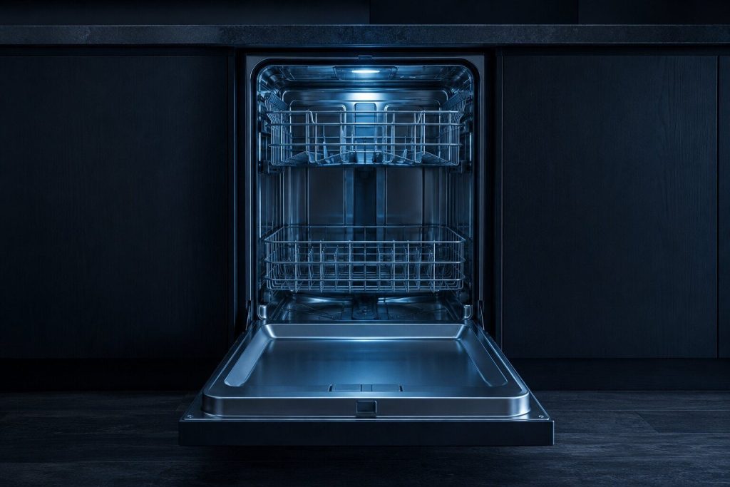 A built-in dishwasher with its door open flat to horizontal on a completely empty tall stainless tub, both racks pushed in.