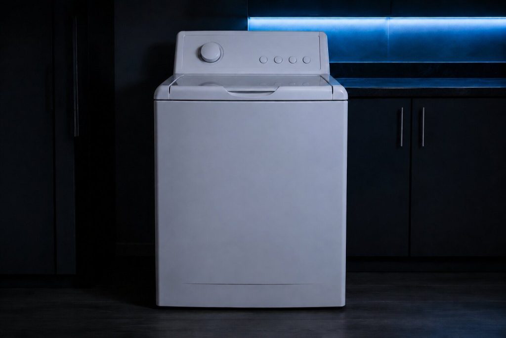 The console of a white top-load washing machine seen close and square on, one large unmarked cycle dial and a row of plain buttons, the raised lid edge below it.