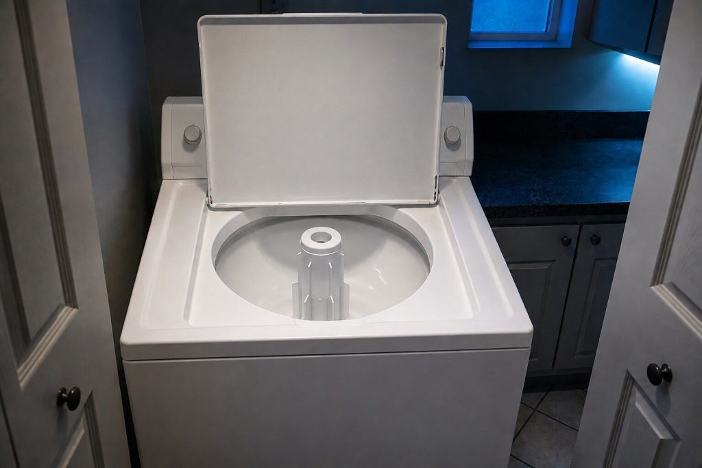 A top-load washing machine with its lid open on a tall center agitator