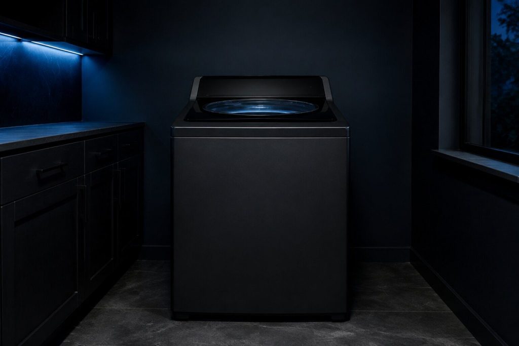 A large top-load washing machine with a round glass window set into its closed lid, standing in a dim laundry room, its console plain.