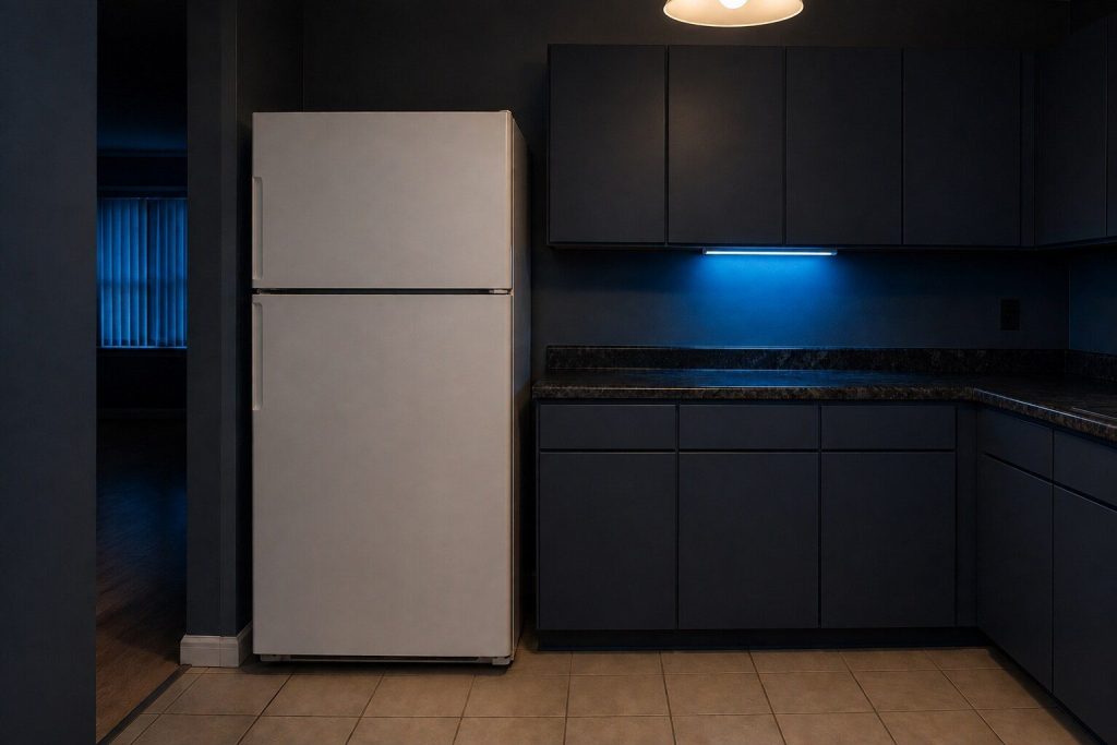 A top-mount refrigerator with the freezer above the fresh-food door in a plain rental kitchen