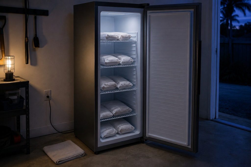 a tall upright freezer standing open in a utility run — the single freezer in this whole catalog, and the frame is that cabinet