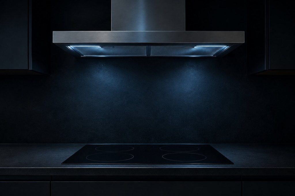 A flat stainless wall-mounted range hood above an empty dark cooktop, seen from below, its underside and its shallow canopy both reading against a dark wall.
