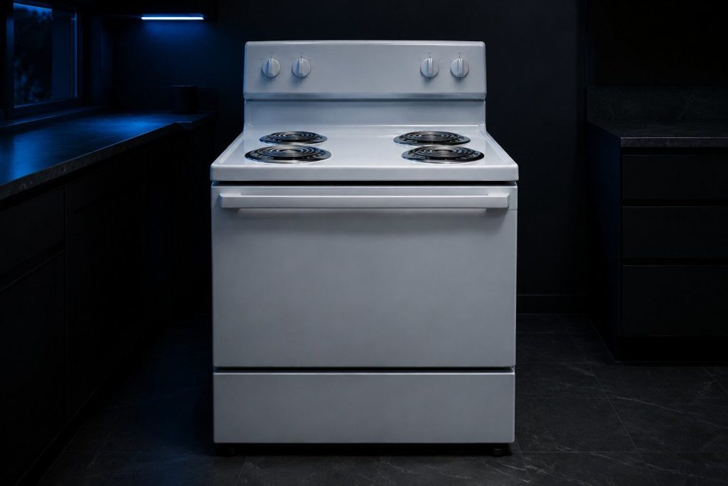 A white freestanding electric range with four exposed coil elements sitting in chrome drip bowls on its top, oven door closed, plain back console.