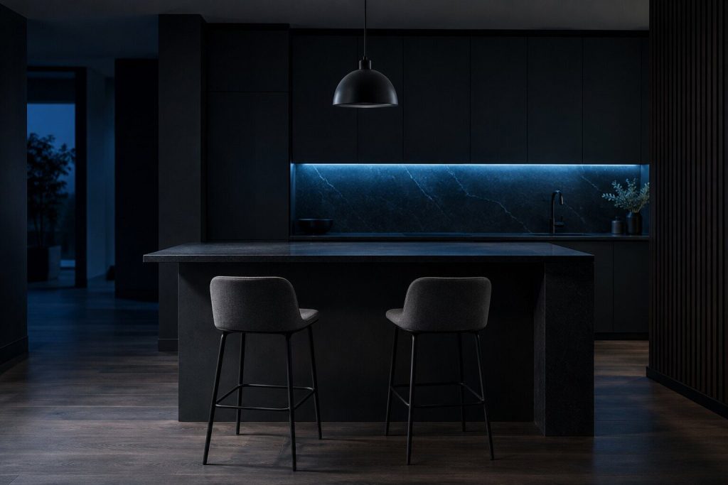 A breakfast bar with two empty stools at the edge of a dark open-plan kitchen at night, one pendant lamp above it unlit
