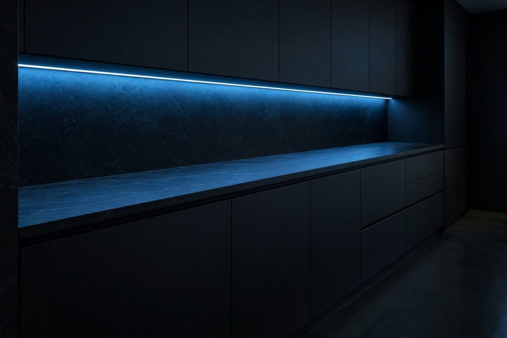 A run of near-black slab-front kitchen cabinets photographed along its length with one strip of ice-blue light under the wall units and nothing else lit