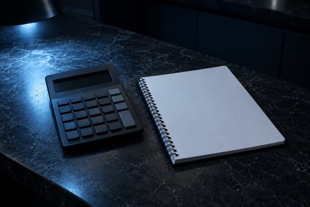 A calculator and a spiral notepad with nothing written on it lying on a dark stone counter under one low lamp