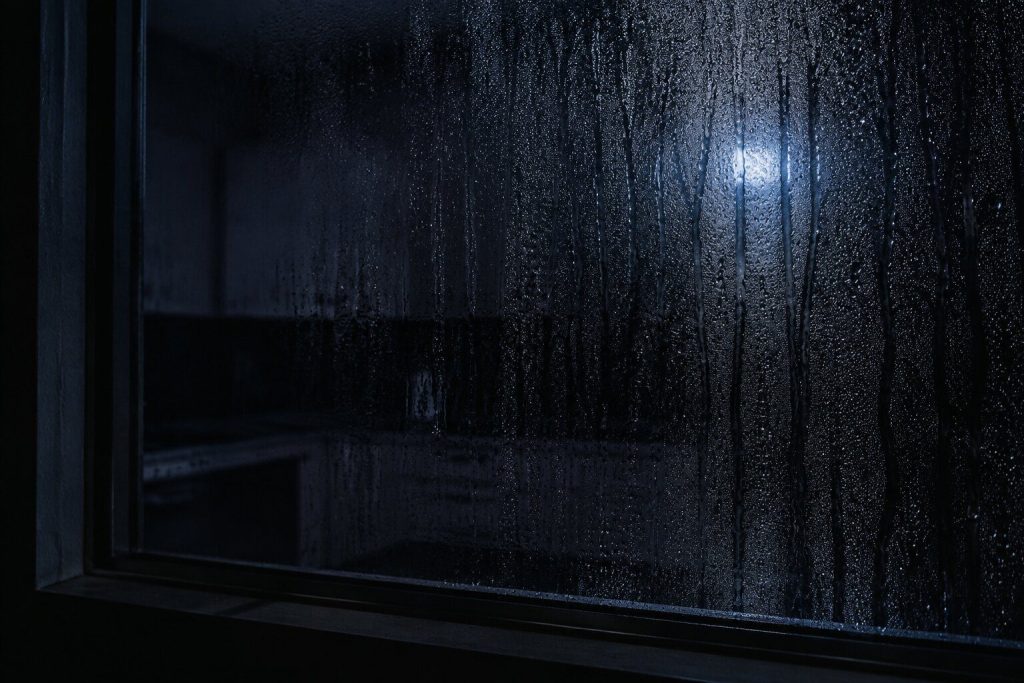 Heavy condensation running down the inside of a dark kitchen window at night, the room behind it unlit and out of focus