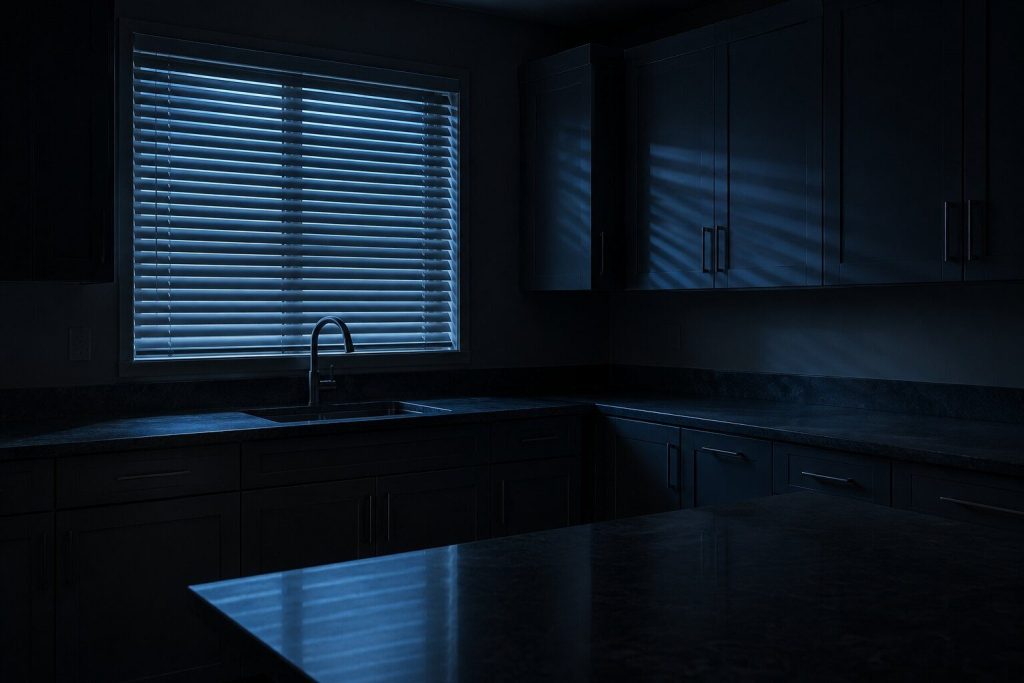 Cold early blue light coming through the slats of a closed blind over a quiet dark kitchen, the counters bare and nothing switched on