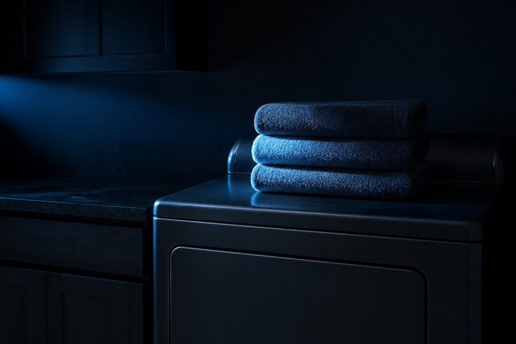 A neat stack of folded towels standing on the closed lid of a dryer in a dim laundry room, one cold light raking across them