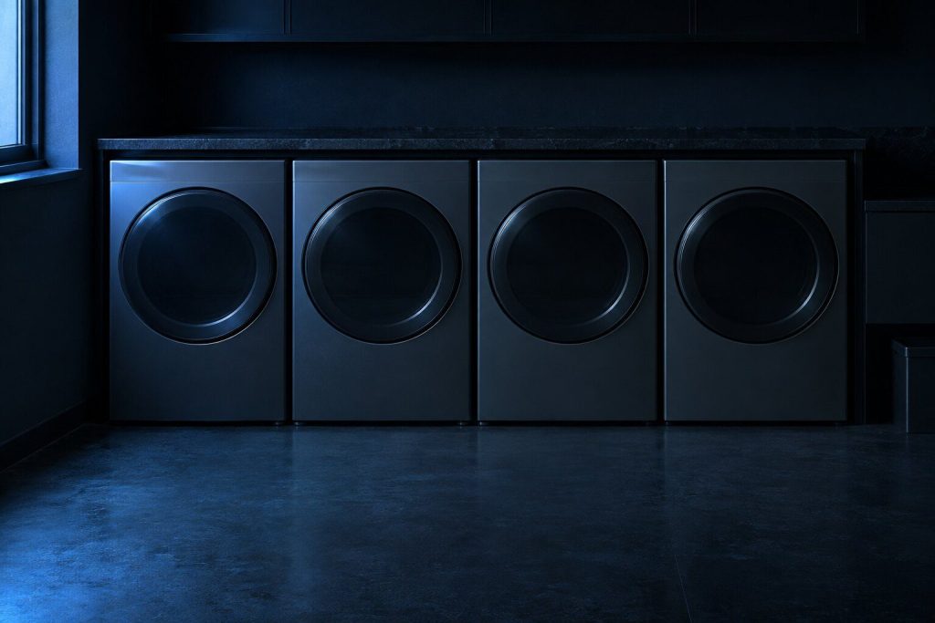 Four identical closed appliance doors in a row along one wall of a dark utility room, all unmarked, one cold light from the left