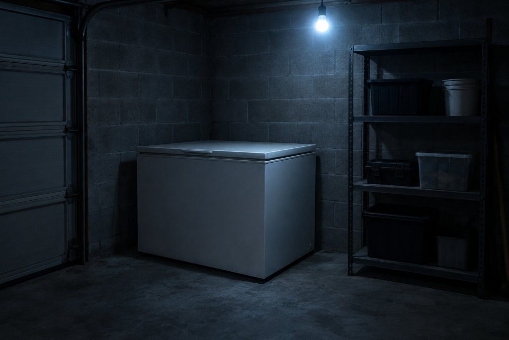 The corner of a garage at night with a chest freezer and a shelving rack against a bare block wall, a concrete floor and one bare bulb throwing cold light