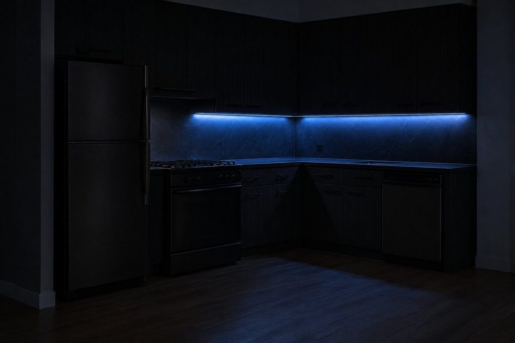 The L-shaped corner of an ordinary fitted kitchen at night seen from across an open-plan room: a freestanding refrigerator, a range and a dishwasher all closed and unlit, one strip of ice-blue light under the wall cabinets