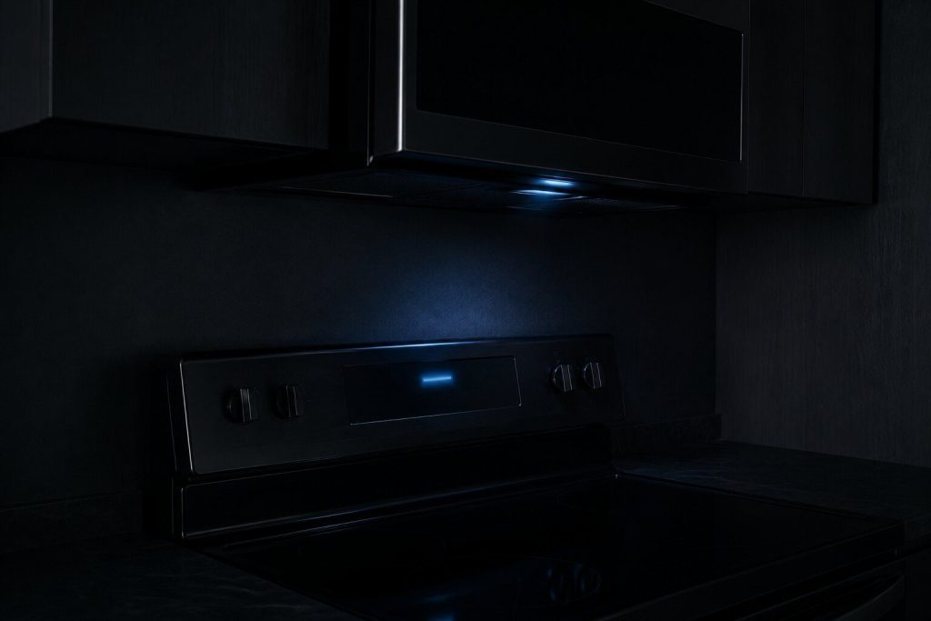 A dark kitchen at night with the fascia of a range and the fascia of an over-the-range microwave both faintly lit and completely unreadable, seen at an angle so neither shows a character