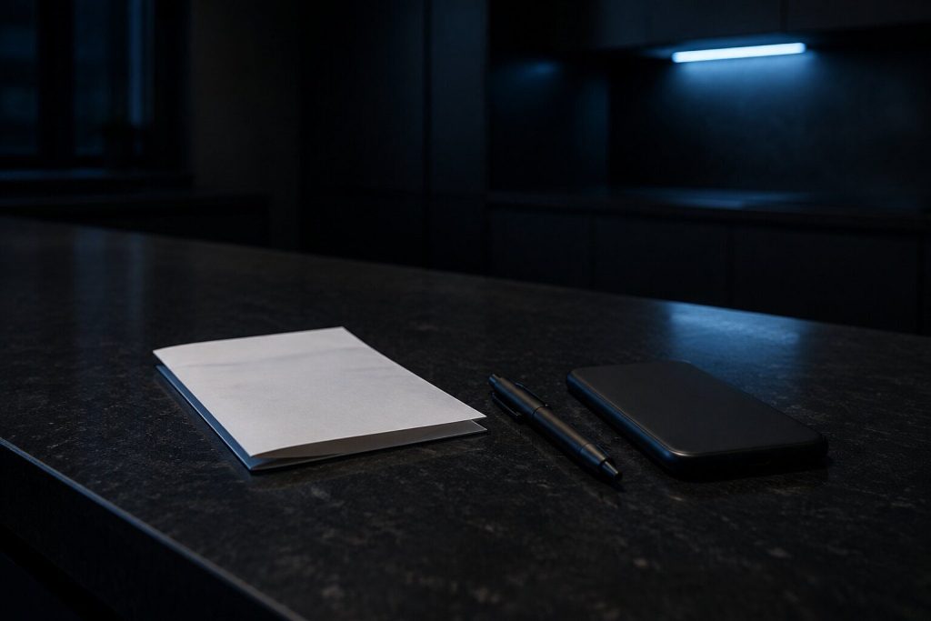 A dark quartz kitchen counter photographed low and along its length with a folded work invoice, a pen and a phone lying face down on it, the kitchen beyond out of focus and unlit