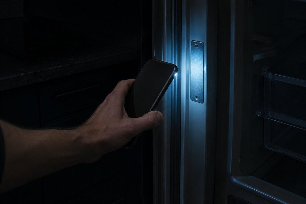 A hand holding a phone light against a blank metal rating plate inside the door frame of a refrigerator in a near-black kitchen, the plate stamped but with no readable characters