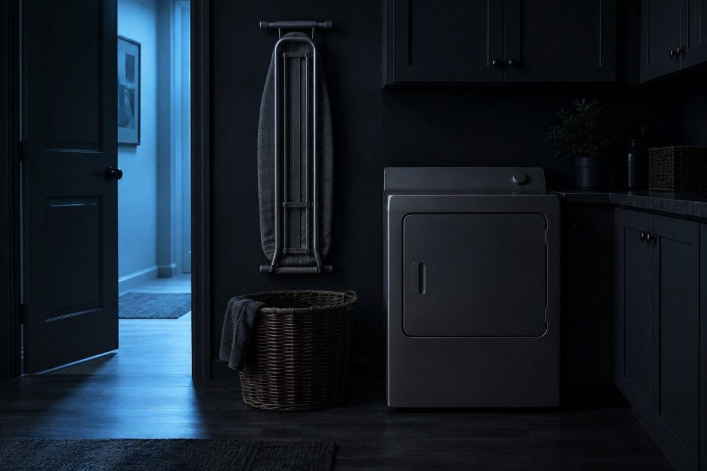 An ironing board folded flat against the wall of a dark laundry room beside a closed dryer, a wicker basket on the floor under it, one cold light spilling in from a doorway