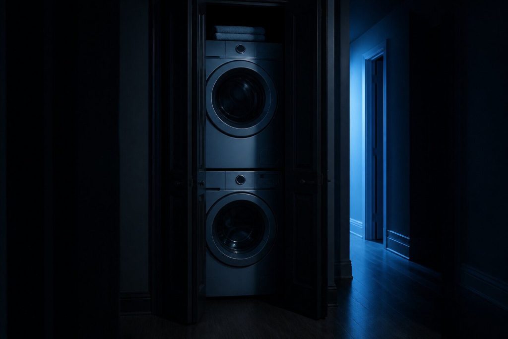 A laundry closet behind half-open bifold doors in a dark hallway, a stacked washer and dryer inside, a folded towel on top and one cold light from the room beyond