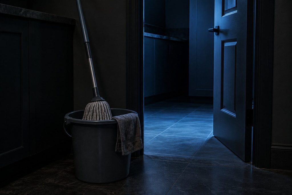 A mop standing in a bucket beside the open door of a dark laundry room, a folded towel over the bucket rim, cold light from inside the room