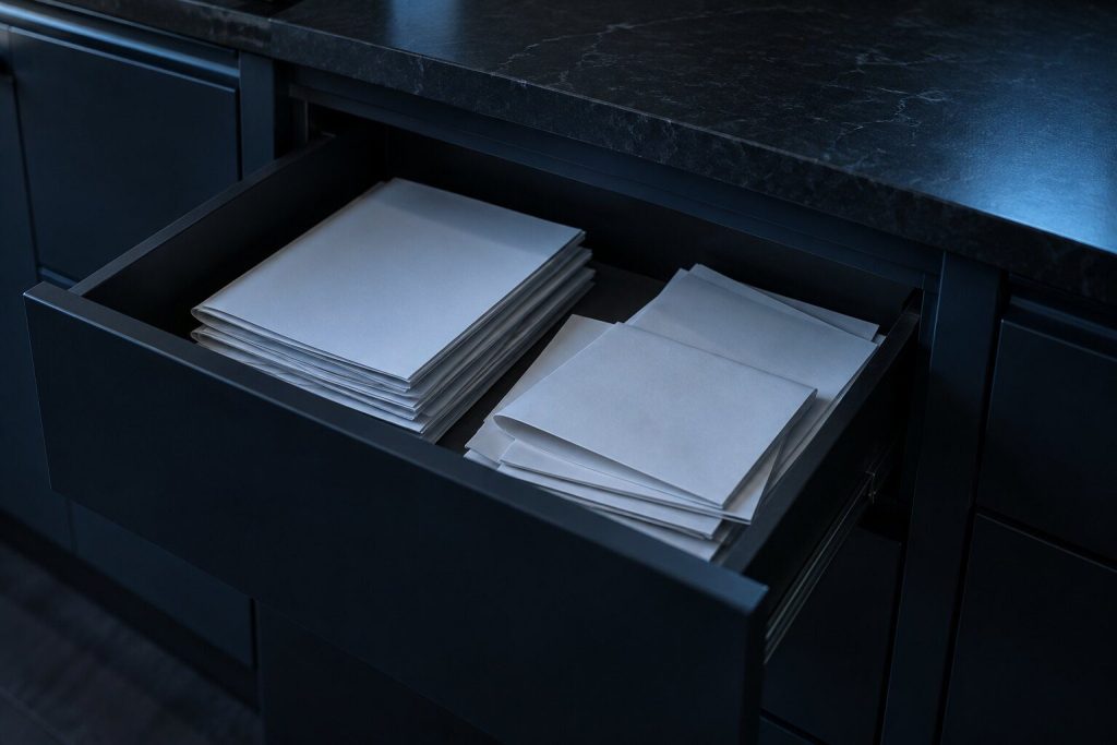 A kitchen drawer pulled open on a stack of plain unmarked booklets and folded papers, the counter above it dark