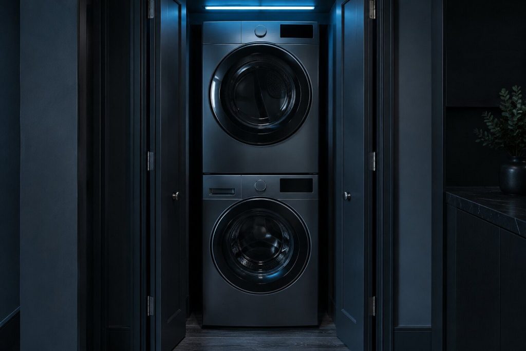 A tall stacked laundry pair filling a narrow closet from wall to wall, both doors closed, seen straight on with the folding doors open