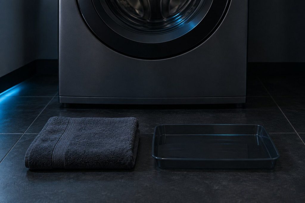 A folded towel and a shallow plastic tray laid out on near-black tile in front of a closed appliance, nothing else in the frame