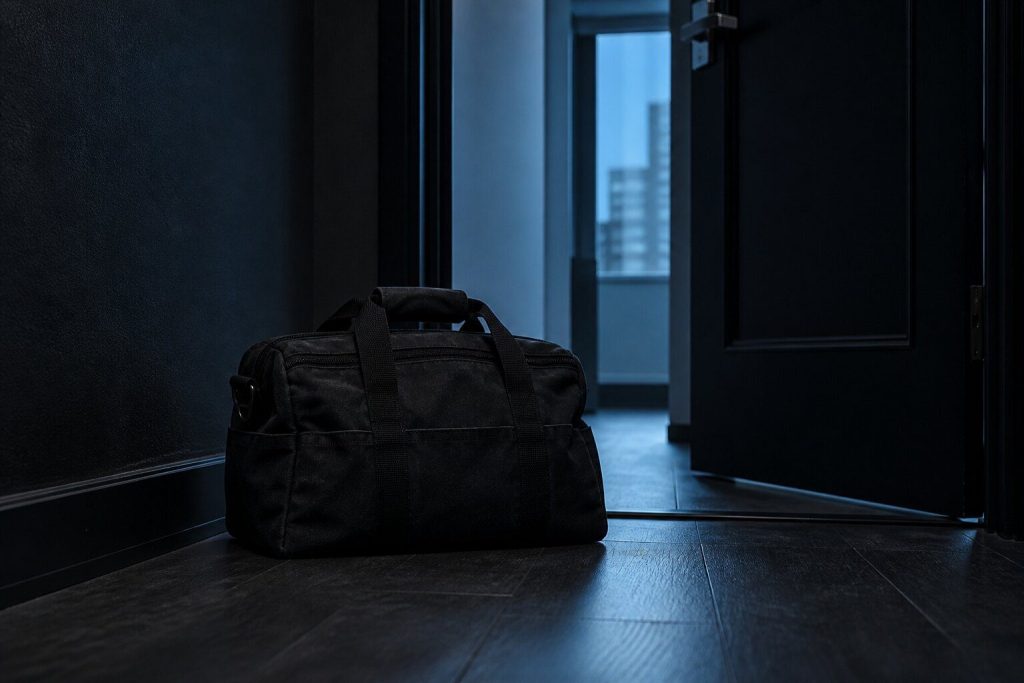 A closed canvas tool bag set down on the floor just inside the doorway of a dark apartment hallway, cold light from the room beyond, nothing else in the frame
