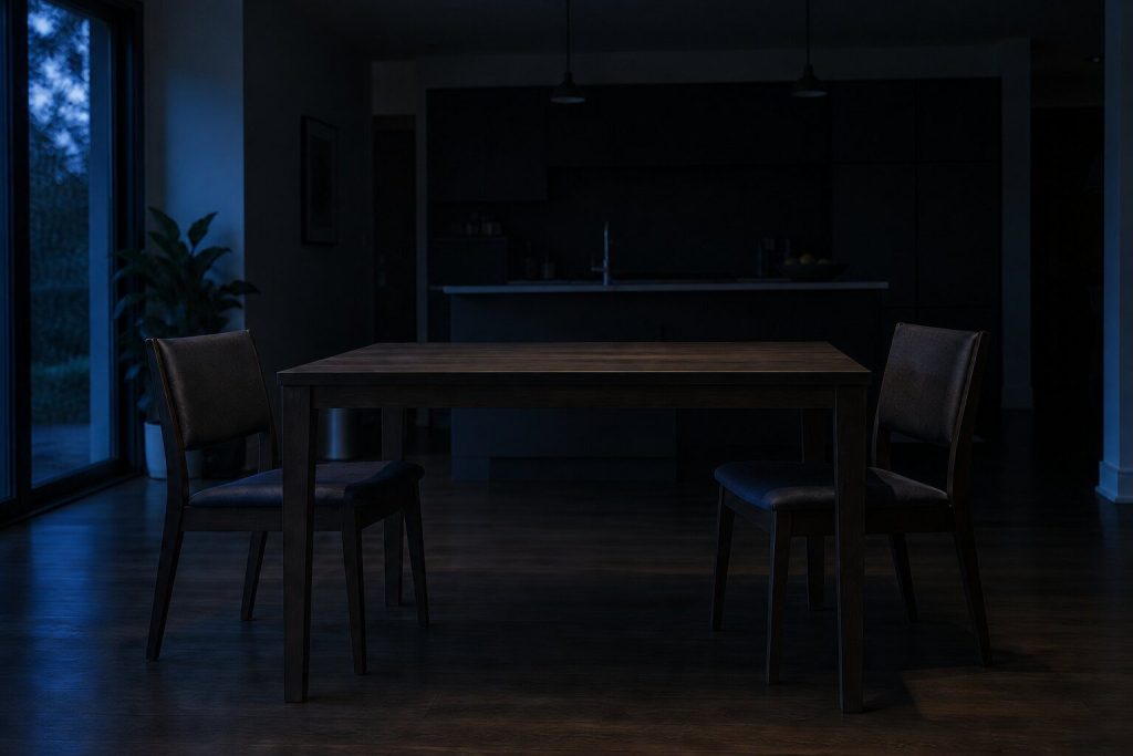 Two empty chairs pulled out at a plain dining table in a dark open-plan room at night, the kitchen behind unlit